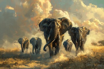 Elephant family walks across the savannah
