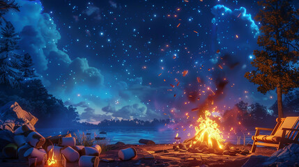 Beneath a starlit sky, a campfire crackles merrily as friends roast marshmallows