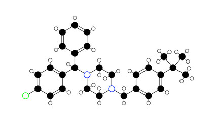 buclizine molecule, structural chemical formula, ball-and-stick model, isolated image antihistamine