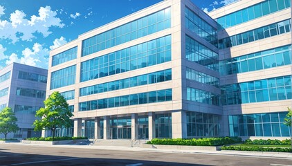 modern government office building in landscape anime cartoon illustration from Generative AI