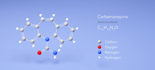 carbamazepine molecule, molecular structures, tegretol, 3d model, Structural Chemical Formula and Atoms with Color Coding