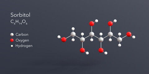 sorbitol molecule 3d rendering, flat molecular structure with chemical formula and atoms color coding
