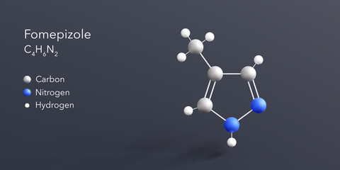 fomepizole molecule 3d rendering, flat molecular structure with chemical formula and atoms color coding