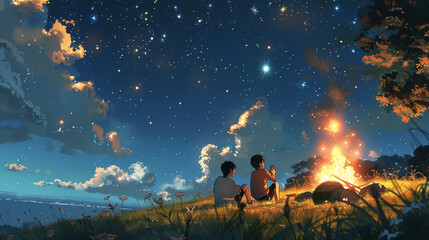 Beneath a starlit sky, a campfire crackles merrily as friends roast marshmallows - obrazy, fototapety, plakaty