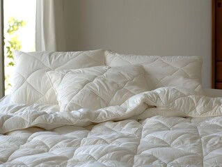 Fototapeta na wymiar Morning Simplicity Neatly Making a Plush Quilted Bed in Minimalist Style