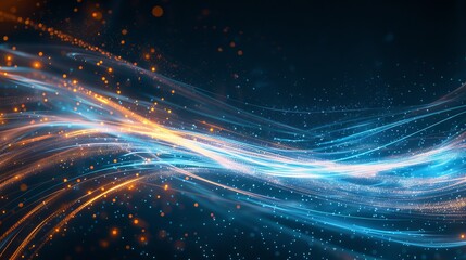 Abstract Digital Art with a Blue and Orange Color Palette, featuring dynamic lines and particles set against a dark background, evoking a sense of cosmic energy or digital connectivity.
