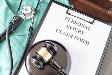 A personal injury claim form on a clipboard, accompanied by a stethoscope and medical scrubs,...