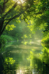 Obraz premium A tranquil landscape photograph depicting a peaceful scene of nature, with soft sunlight filtering through the trees and reflecting off a calm body of water. 