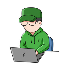 vector illustration of a young man playing on a laptop, for work, rights and freelace