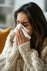 Ill woman in a cozy sweater blowing her nose a sign of a cold or flu season
