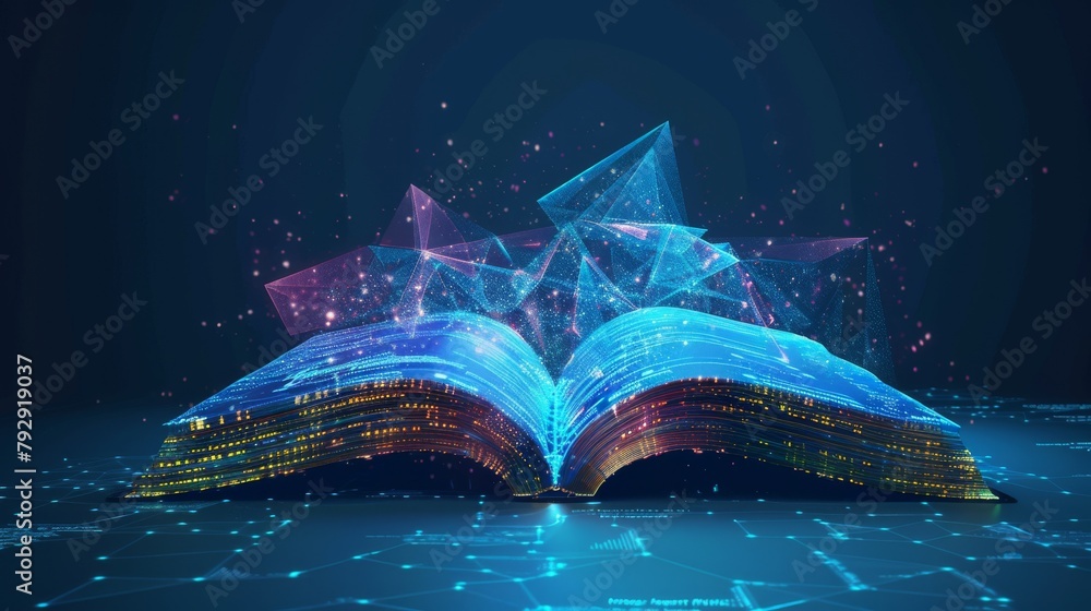 Aufkleber low poly book with futuristic elements representing digital literacy or e-learning
