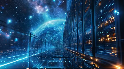 A data center bathed in light orbits through cosmic realms  representing a vision of limitless storage among the stars