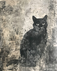 Vintage Black Cat Background in Distressed Grunge Style