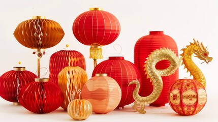 Fototapeta premium Chinese New Year Lanterns and Golden Dragon Decoration