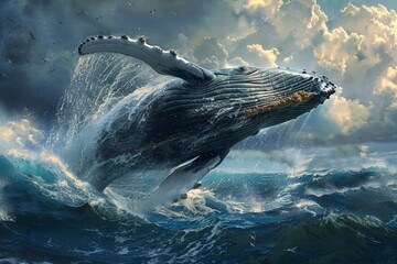 Humpback whales breaking out of the ocean