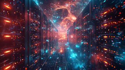 A data center bathed in light orbits through cosmic realms  representing a vision of limitless storage among the stars - obrazy, fototapety, plakaty