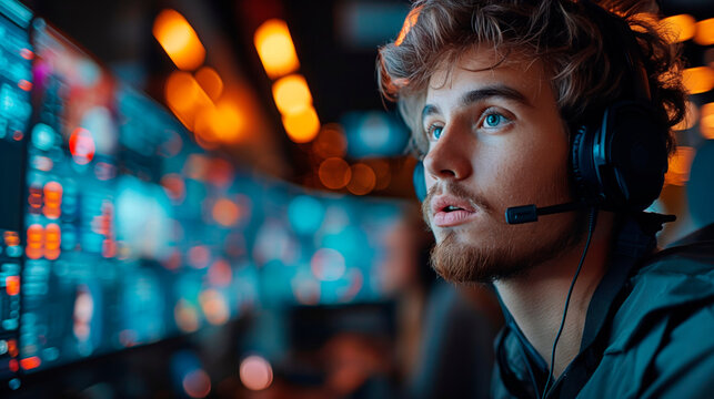 Concentrated young male operator in high-tech control room. Monitoring and managing with advanced digital technology. Ideal for themes of surveillance, security, and professional tech support.
