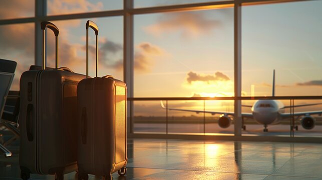 A serene airport terminal view suitcases ready for adventure with an airplane and sunrise background awaiting tourist trips