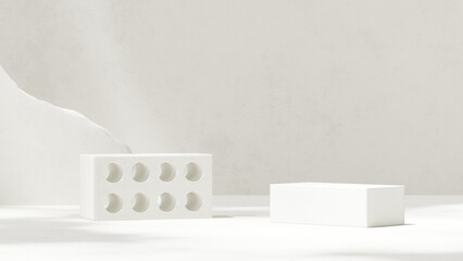 Empty podium display made of white stone and debris for showcasing merchandise