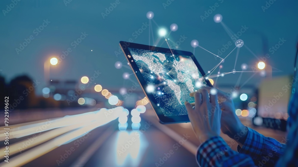 Poster the hand of a businesswoman uses a digital tablet computer of a global logistics network distributio