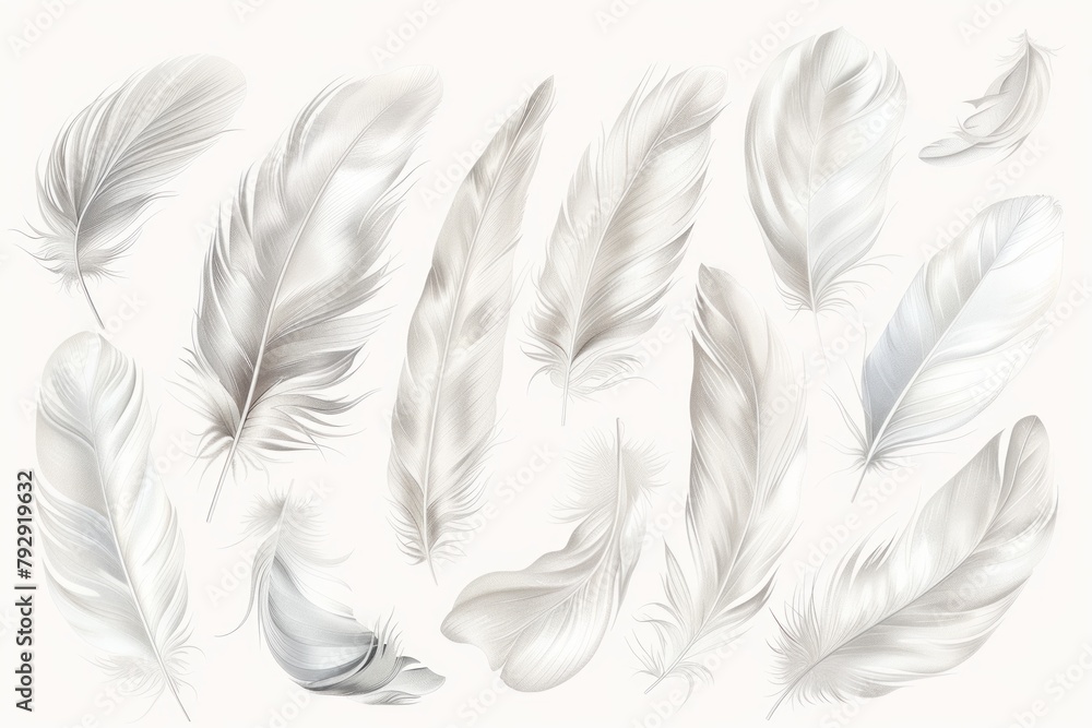 Poster row of white feathers arranged on a grey surface. elegant and minimalist feather display