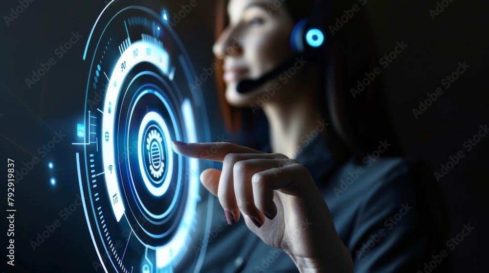 Poster Concept of businesswoman touching virtual screen buttons at customer support call centers.