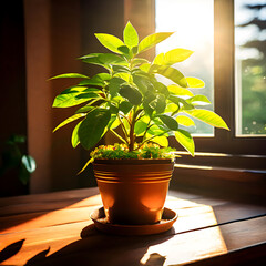 plant in a tree pot with sun light, potted plant, indoor gardening, organic houseplant, indoor plant aesthetic.