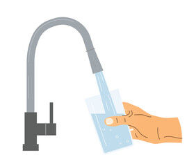 hand filling a glass cup from a kitchen faucet; daily hydration concept; can be used in marketing materials for water filters, home appliances, or wellness blogs- vector illustration