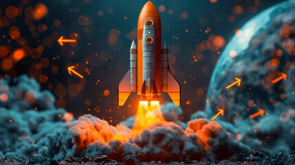 Fiery rocket launch, ascending into cosmic exploration. Represents ambition, power, and human pursuit in space travel and technology. Suitable for themes of discovery and science.