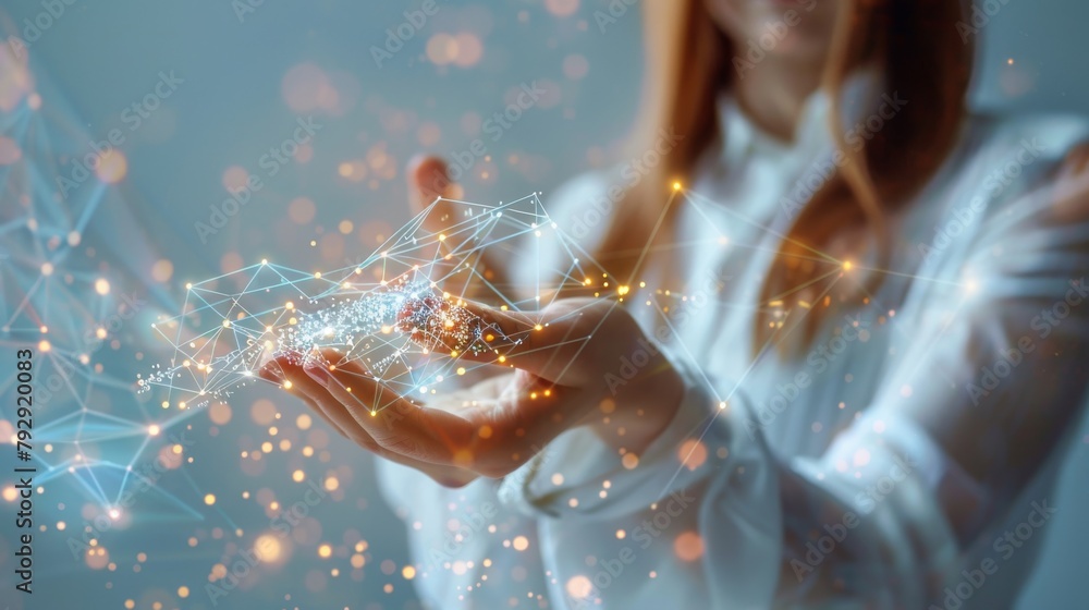 Aufkleber Data concept. Digital neural network. Businesswoman hand touching introduction to artificial intelligence. Future cyberspace. Science and innovation.