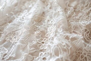 Macro shot of lace fabric adorned with delicate flower motifs. Elegant and ornate lace texture close-up