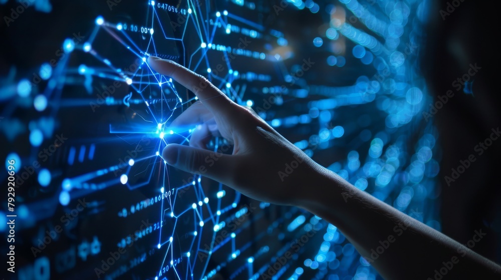 Poster The metaverse universe data science, Digital transformation conceptual for the next generation technology era.Data science image of a woman touching.