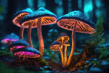 Generative AI, Beautiful and awesome neon colorful mushrooms, Magical views of neon colorful mushrooms, Beautiful view of neon colorful mushrooms in the thickets of forest bushes, small neon mushrooms