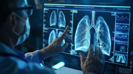 An innovative and medical technology concept about Radiology Doctors working on a virtual human lungs and long Covid 19 on a modern interface screen. Healthcare and medicine, innovation and medical