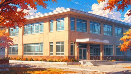 school building in autumn in landscape anime cartoon illustration from Generative AI