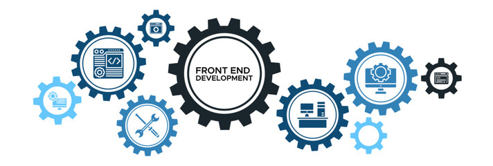 Front End development banner website icons vector illustration concept of with icons of programming, web application, tools, interface, computer, software, coding, cyberspace, tech