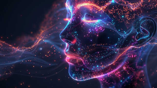 Virtual Digital Human head, Artificial Intelligence concept(AI). Abstract illustration of a head with glowing and fire shining, machine learning concept. Mental health care, ezoteric concept.