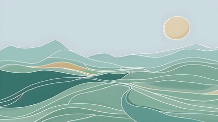 Tranquil Landscape: A Serene Single Line Drawing in Eco-Friendly Green and Blue Hues
