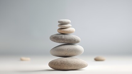 A stone zen composition captures the essence of minimalistic simplicity and tranquility. Balanced rock stacks on a gray and white background. Concept of peace, wellness, and mindfulness.