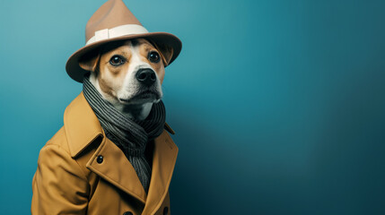 Cachorro fantasiado de detetive no fundo azul   - obrazy, fototapety, plakaty