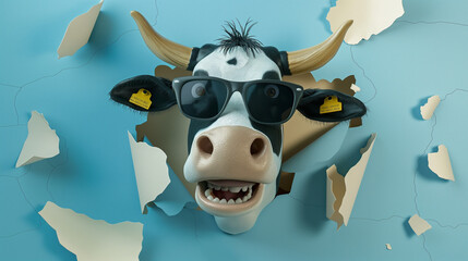 Vaca usando óculos rasgando uma parede de papel  - obrazy, fototapety, plakaty