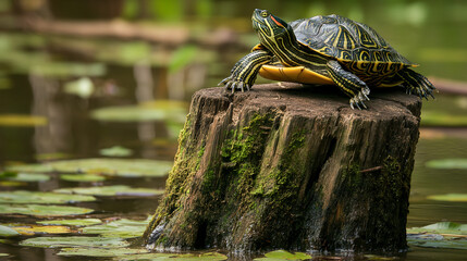 Tartaruga em cima de um tronco no lago - Papel de parede