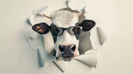 Vaca usando óculos rasgando uma parede de papel  - obrazy, fototapety, plakaty