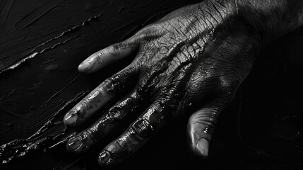 Artist's hand covered in oil and paint on a black background, closeup in black and white