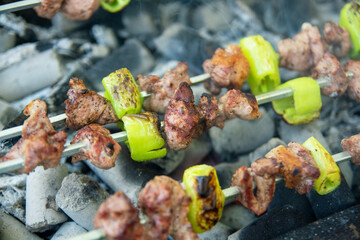 lamb skewers cooked on a charcoal barbecue. Classic Turkish kebab.