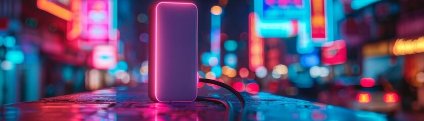 A closeup of a portable charger with a neon purple outline, set against a backdrop of urban night life, emphasizing the importance of staying powered while on the go