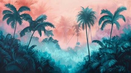 Tropical Sunset Dream: Vibrant Palm Silhouettes Against Pastel Skies