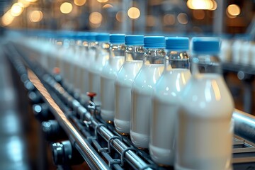 A line of freshly bottled milk in a factory, ready for distribution.