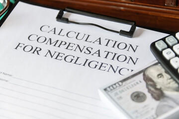 Legal document titled 'Calculation Compensation for Negligence' with a gavel and calculator, symbolizing judicial proceedings. - obrazy, fototapety, plakaty