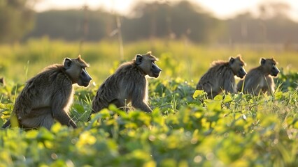 Baboon troop foraging for food in an open grassy area. Concept Wildlife Photography, Baboon Behavior, Safari Adventure, Animal Foraging, Grassland Habitat - obrazy, fototapety, plakaty